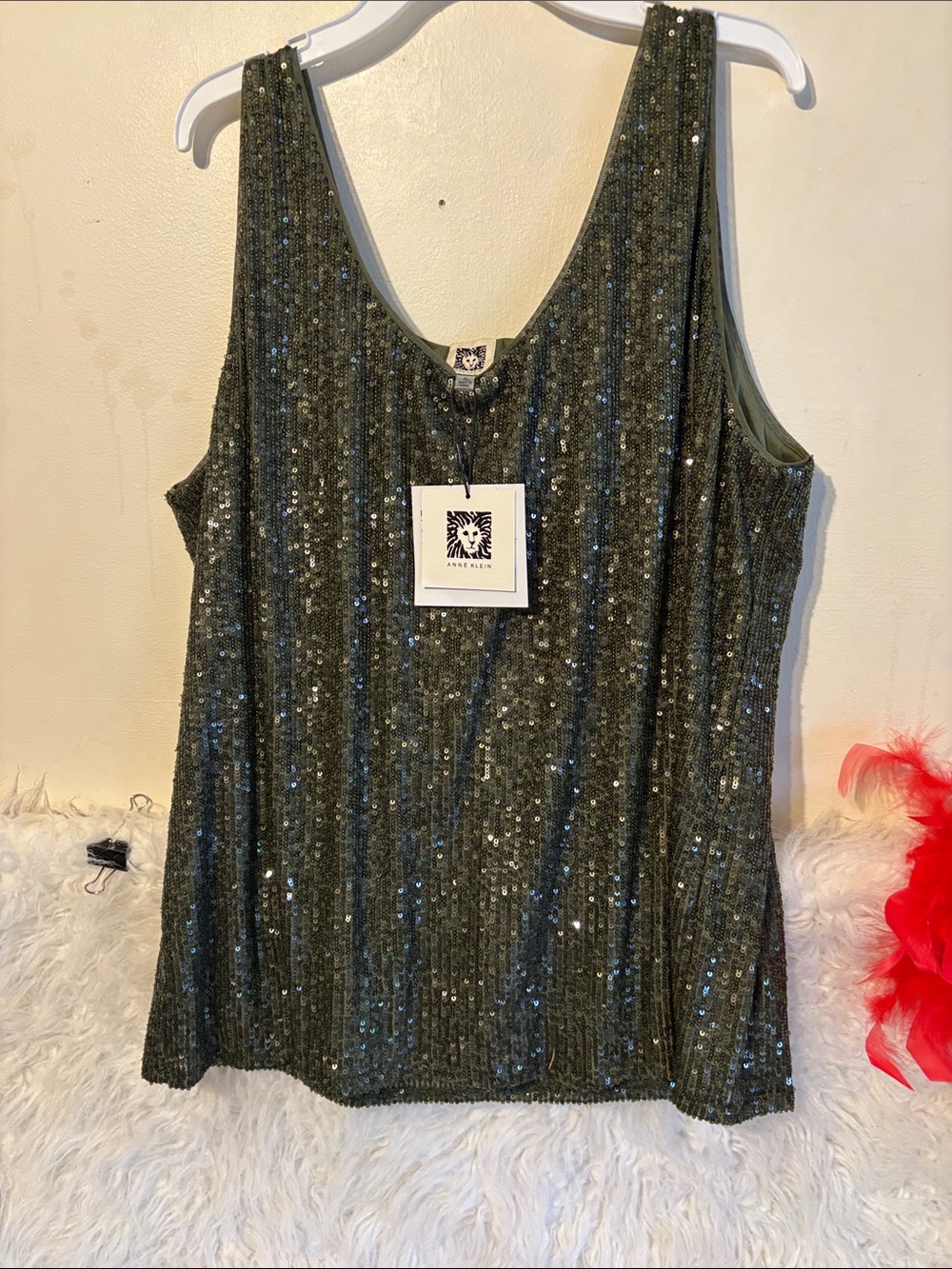 Anne Klein Olive Sequin Ribbed Tank Top